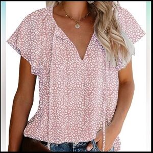 Pink Flutter Sleeve Tie Front Blouse